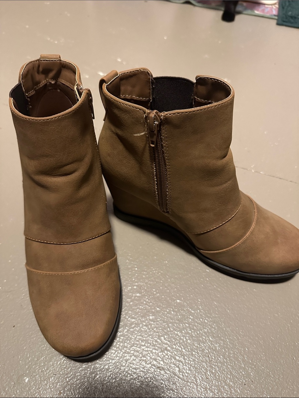 Women's Tan Wedge Ankle Booties with Side Zip